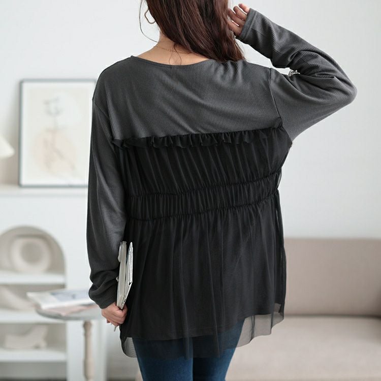 大きいサイズ レディース チュールレイヤードワッフルプルオーバー　cpdai-659527 【メール便可】