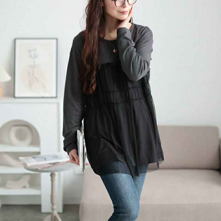 大きいサイズ レディース チュールレイヤードワッフルプルオーバー　cpdai-659527 【メール便可】