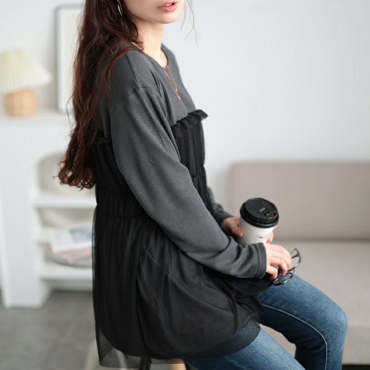 大きいサイズ レディース チュールレイヤードワッフルプルオーバー　cpdai-659527 【メール便可】