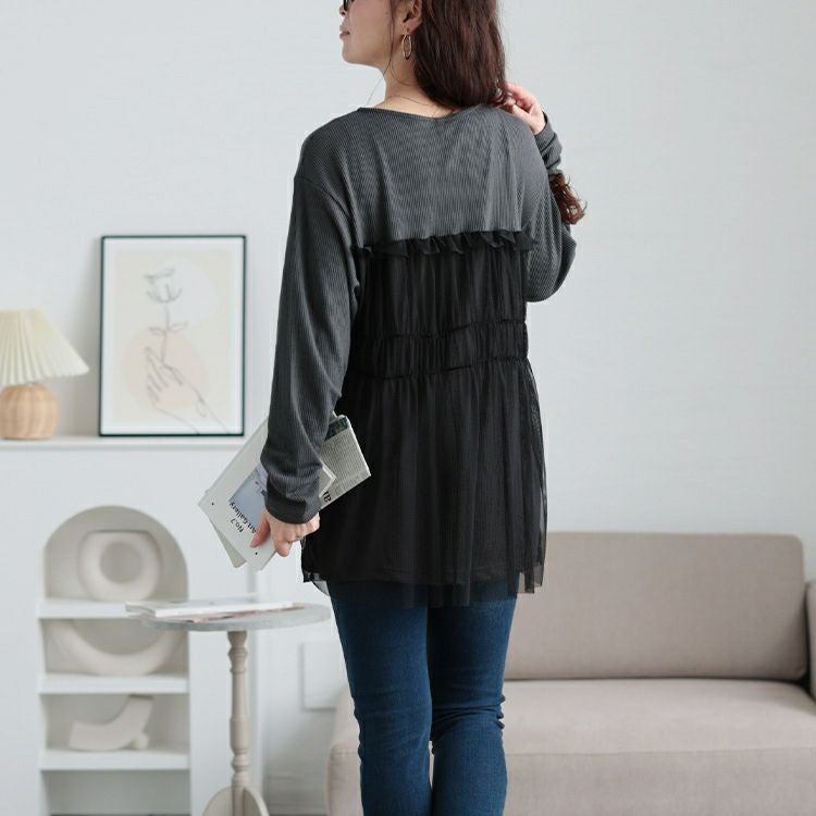大きいサイズ レディース チュールレイヤードワッフルプルオーバー　cpdai-659527 【メール便可】