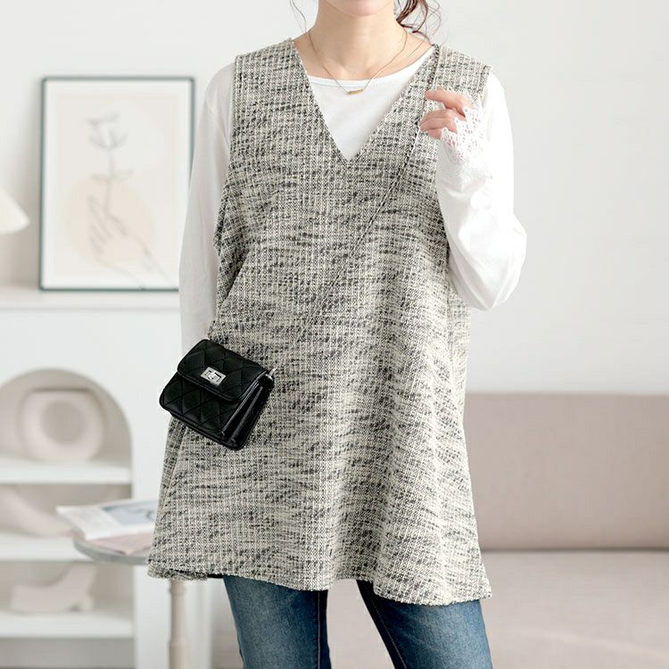 大きいサイズ レディース 深Vネックカットツイードフレアベスト　cpdai-659591