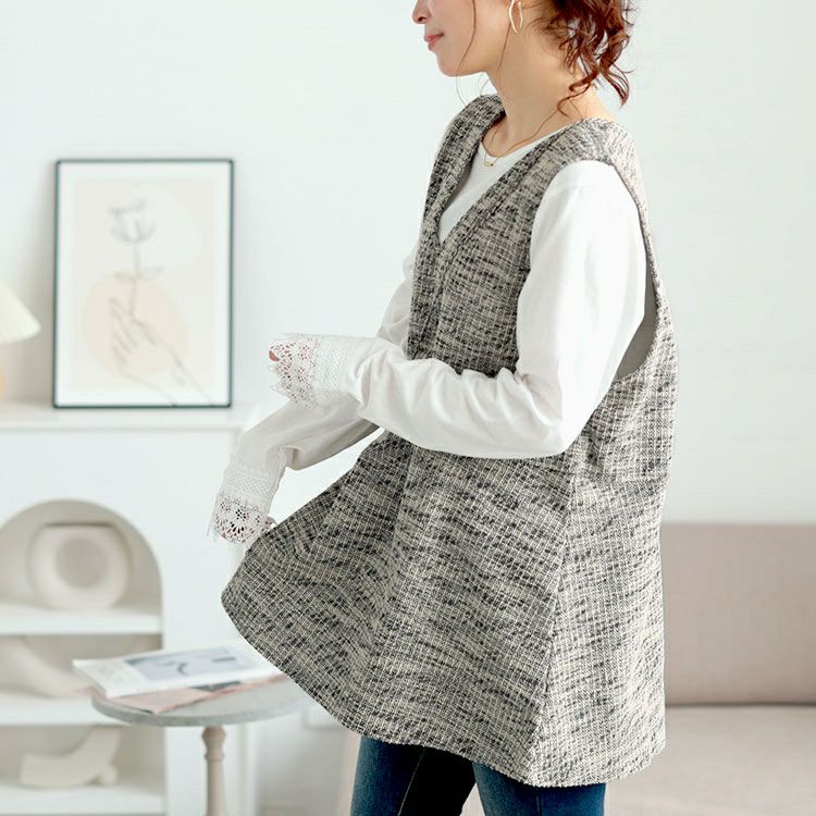 大きいサイズ レディース 深Vネックカットツイードフレアベスト　cpdai-659591