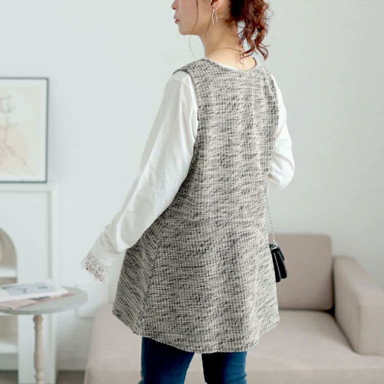 大きいサイズ レディース 深Vネックカットツイードフレアベスト　cpdai-659591