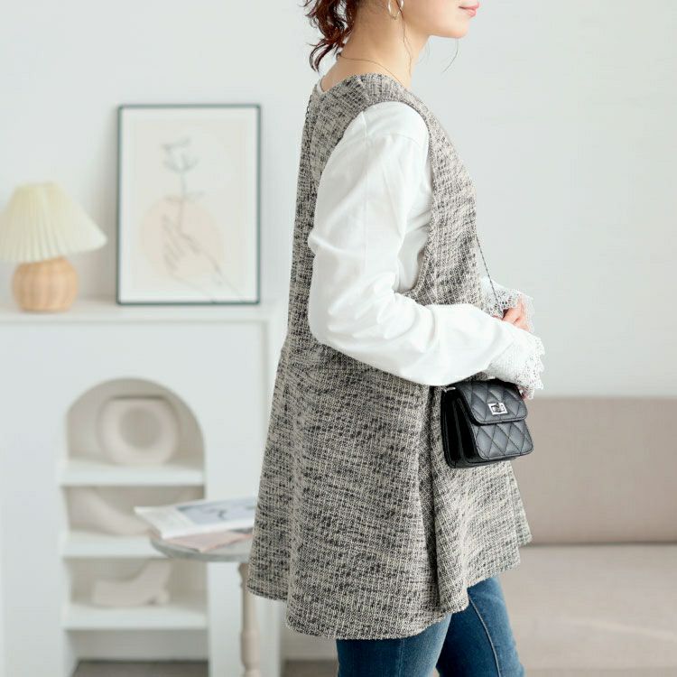 大きいサイズ レディース 深Vネックカットツイードフレアベスト　cpdai-659591