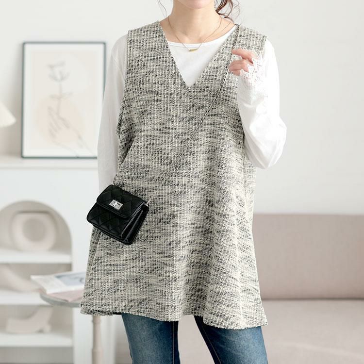 大きいサイズ レディース 深Vネックカットツイードフレアベスト　cpdai-659591 ブラック