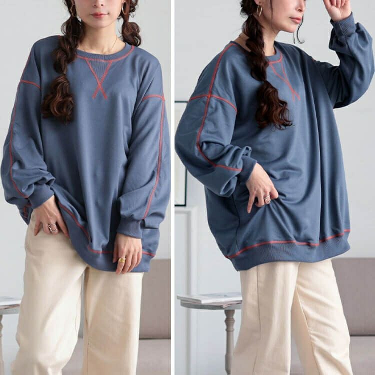 大きいサイズ レディース 配色ステッチワイドプルオーバー　maru-30105