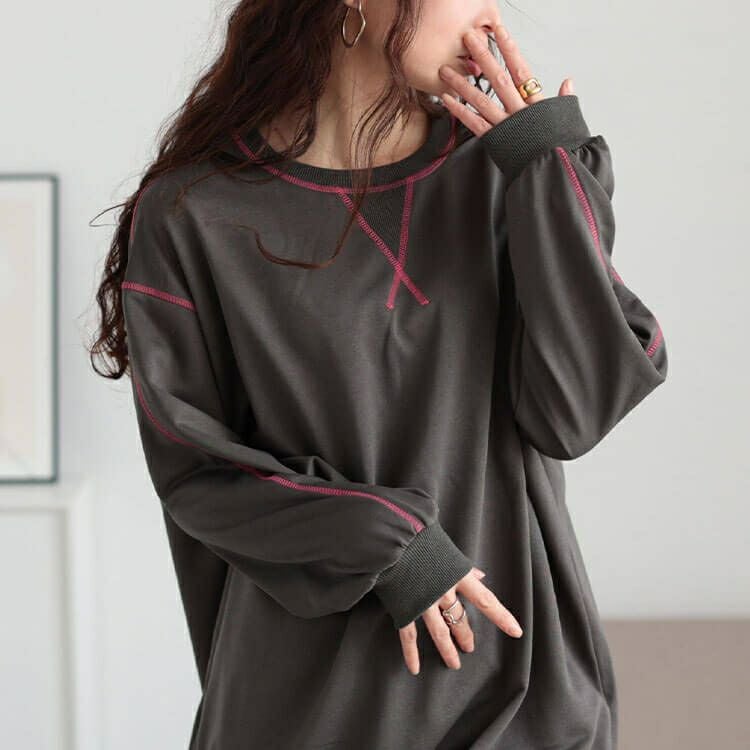 大きいサイズ レディース 配色ステッチワイドプルオーバー　maru-30105