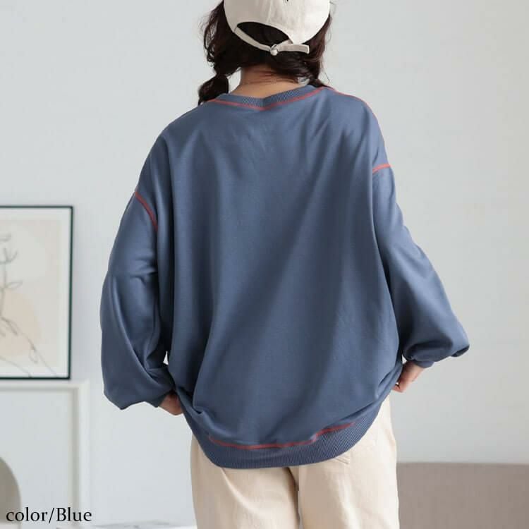 大きいサイズ レディース 配色ステッチワイドプルオーバー　maru-30105 ブルー