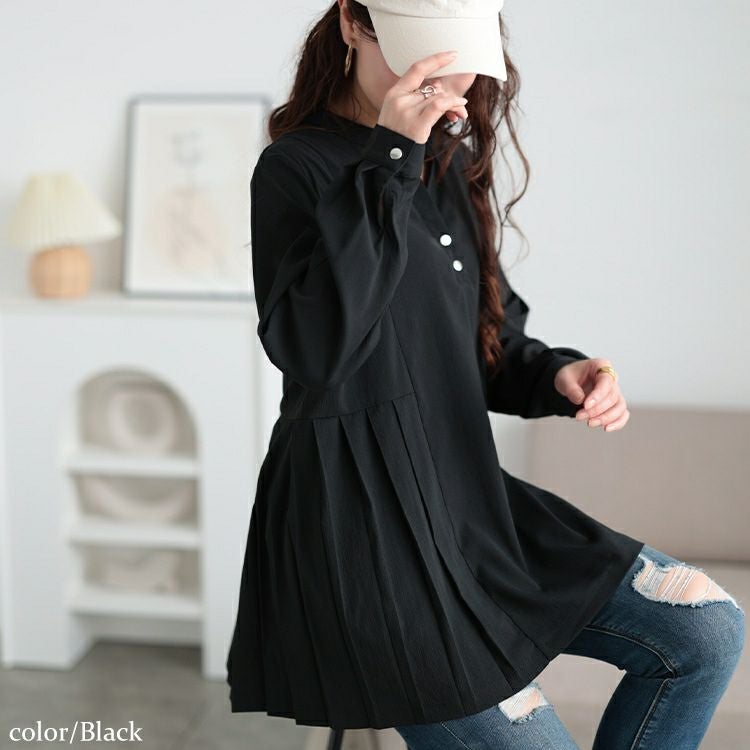 大きいサイズ レディース プリーツ切り替えキーネックチュニック　maru-30107