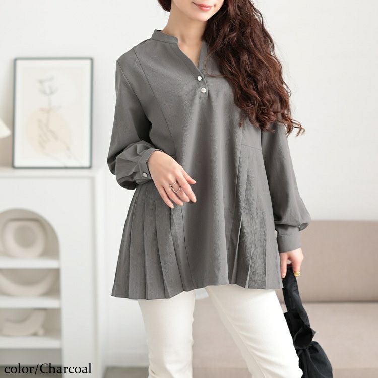 大きいサイズ レディース プリーツ切り替えキーネックチュニック　maru-30107