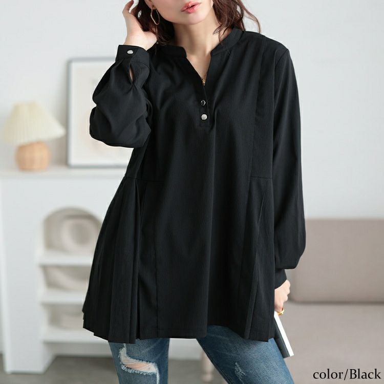 大きいサイズ レディース プリーツ切り替えキーネックチュニック　maru-30107