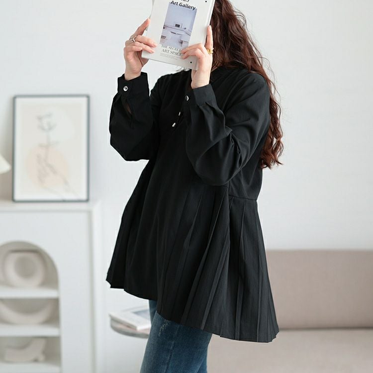 大きいサイズ レディース プリーツ切り替えキーネックチュニック　maru-30107