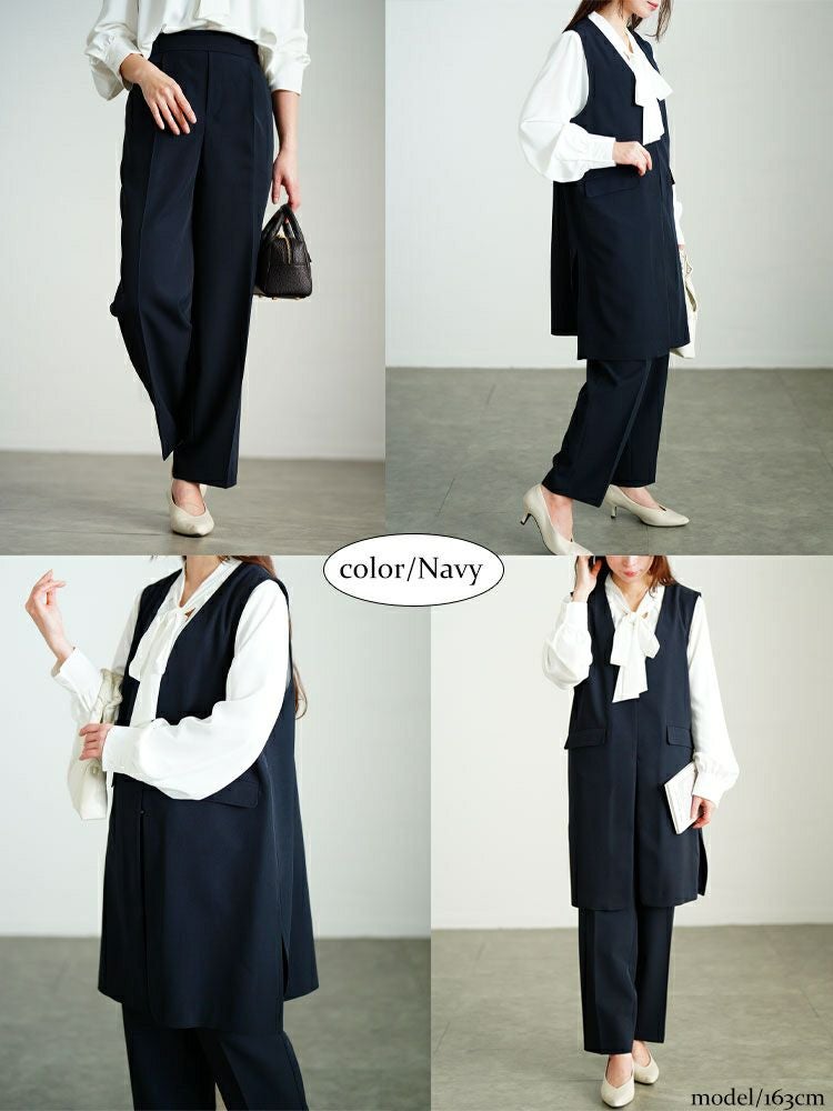 大きいサイズ レディース ロングベスト＆ボウタイブラウス＆テーパードパンツスーツ3点セット　mnst-552205