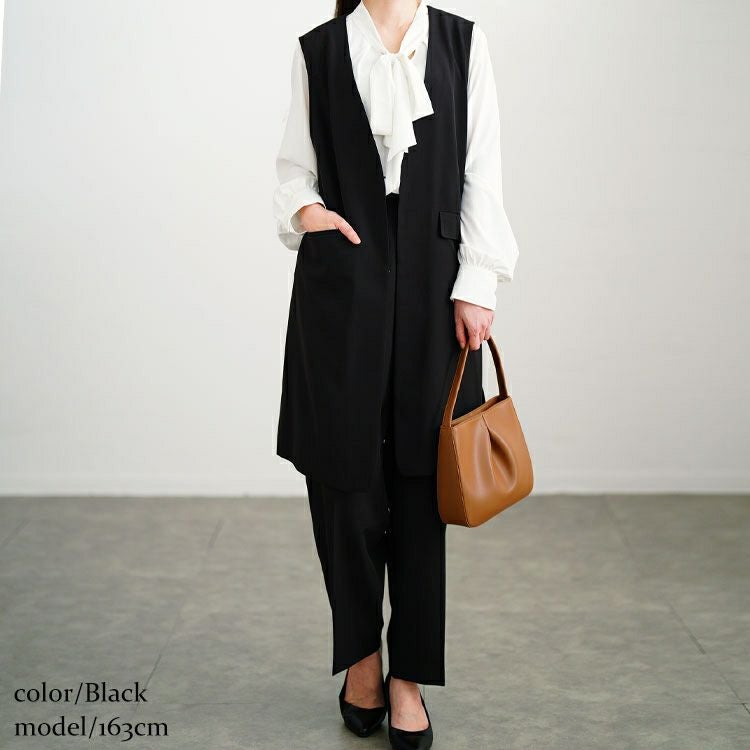 大きいサイズ レディース ロングベスト＆ボウタイブラウス＆テーパードパンツスーツ3点セット　mnst-552205