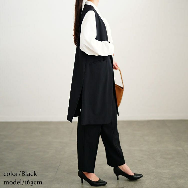 大きいサイズ レディース ロングベスト＆ボウタイブラウス＆テーパードパンツスーツ3点セット　mnst-552205