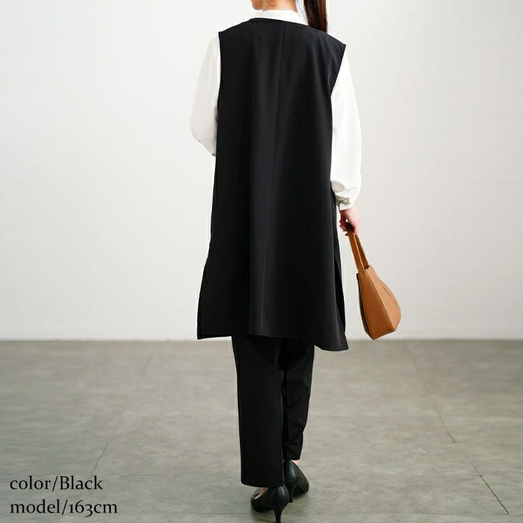 大きいサイズ レディース ロングベスト＆ボウタイブラウス＆テーパードパンツスーツ3点セット　mnst-552205