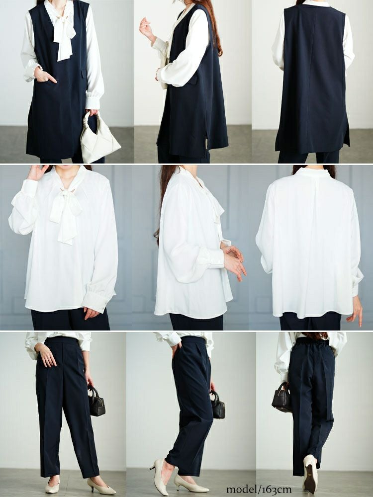 大きいサイズ レディース ロングベスト＆ボウタイブラウス＆テーパードパンツスーツ3点セット　mnst-552205