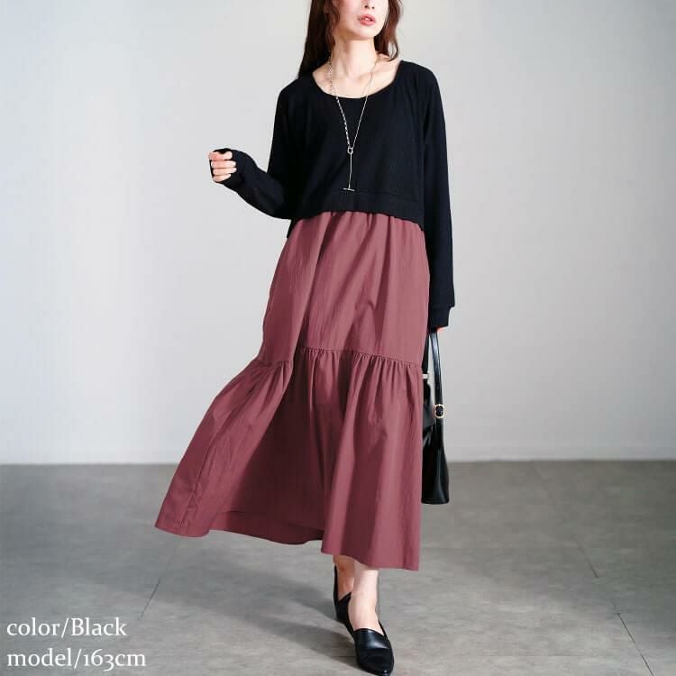 大きいサイズ レディース ハートネック切り替えティアードワンピース　sw-0691 ブラック