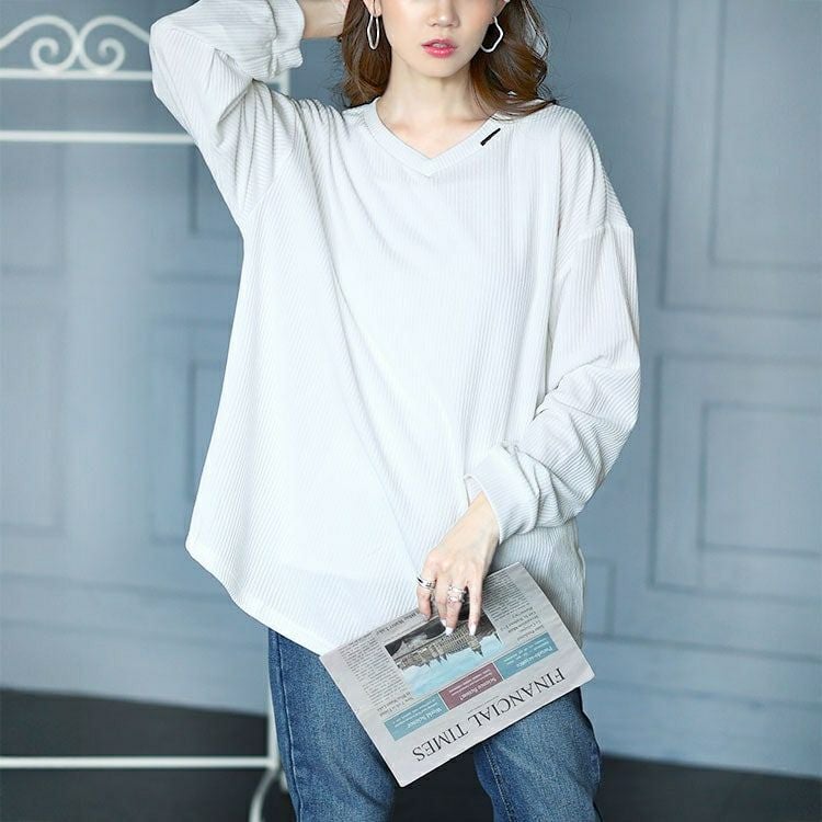 大きいサイズ レディース ラウンド裾Vネックリブカットソー　goldy-1654