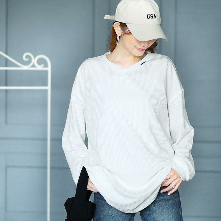 大きいサイズ レディース ラウンド裾Vネックリブカットソー　goldy-1654 ホワイト