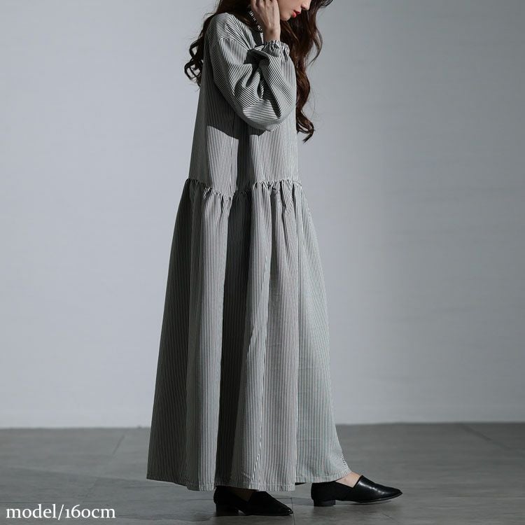 大きいサイズ レディース ストライプギャザーフレアワンピース　maru-30129