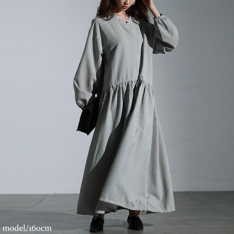 大きいサイズ レディース ストライプギャザーフレアワンピース　maru-30129