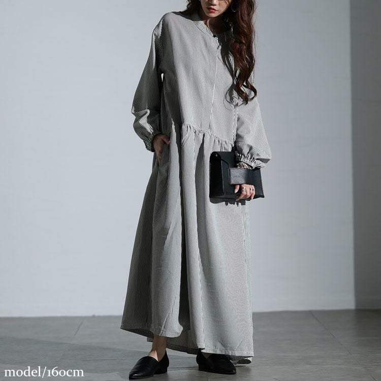 大きいサイズ レディース ストライプギャザーフレアワンピース　maru-30129 ブラック