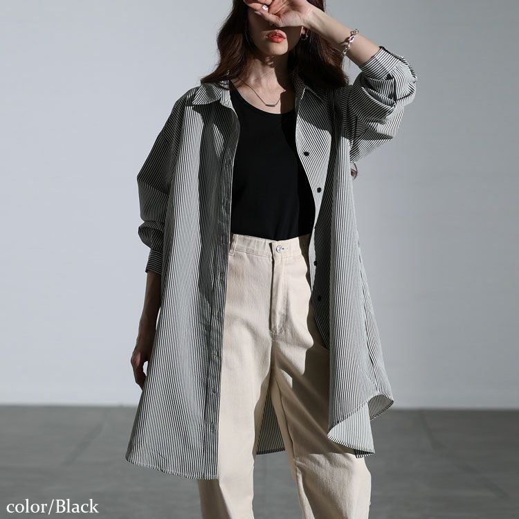 大きいサイズ レディース バックタックストライプシャツチュニック　maru-30127 【メール便可】