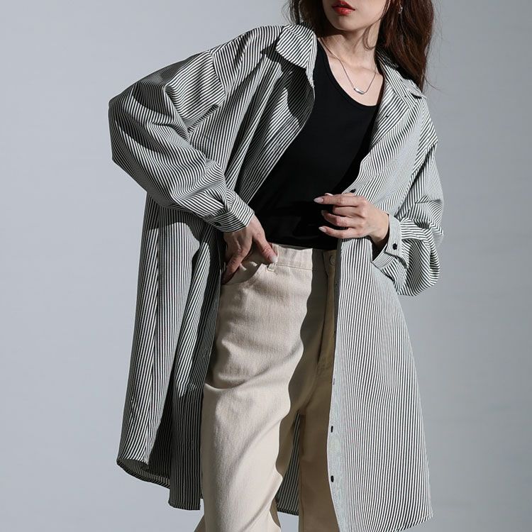 大きいサイズ レディース バックタックストライプシャツチュニック　maru-30127 【メール便可】