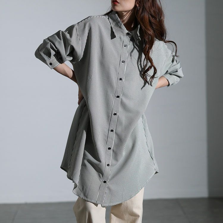 大きいサイズ レディース バックタックストライプシャツチュニック　maru-30127 【メール便可】