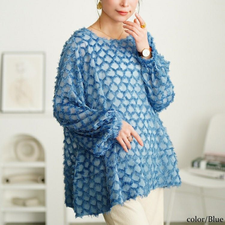 大きいサイズ レディース フリンジジャガードシフォンフレアブラウス　maru-30104