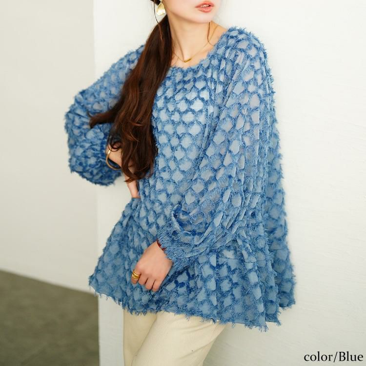 大きいサイズ レディース フリンジジャガードシフォンフレアブラウス　maru-30104 ブルー