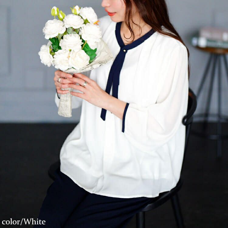 大きいサイズ レディース バイカラーボウタイブラウス　mncut-154005 【メール便可】