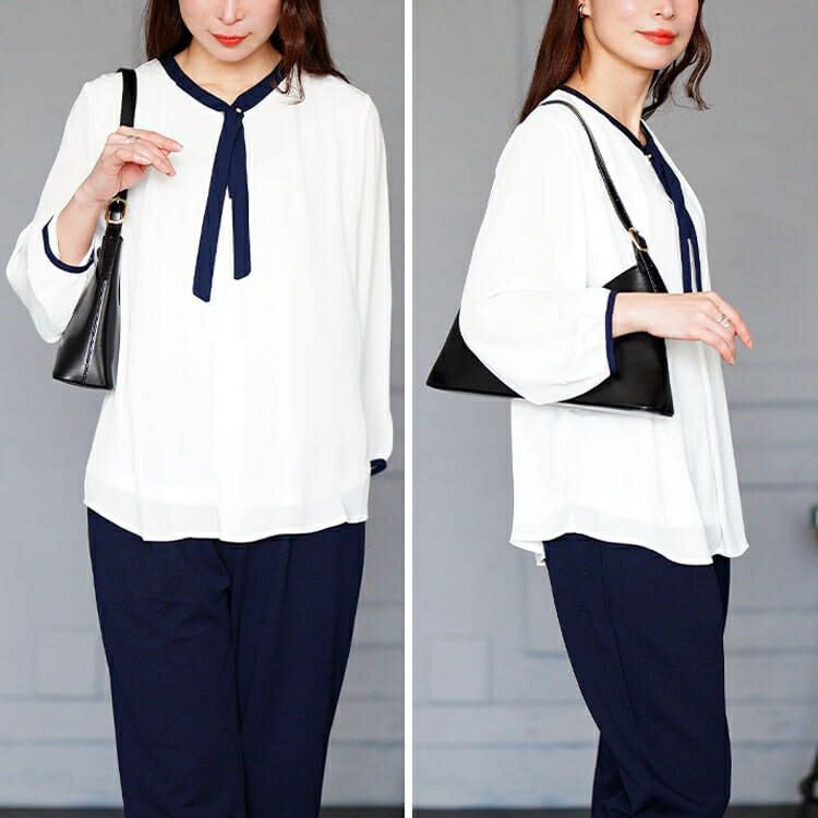 大きいサイズ レディース バイカラーボウタイブラウス　mncut-154005 【メール便可】