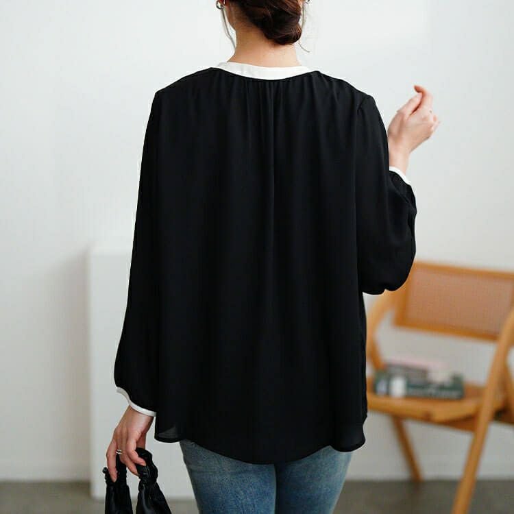 大きいサイズ レディース バイカラーボウタイブラウス　mncut-154005 【メール便可】