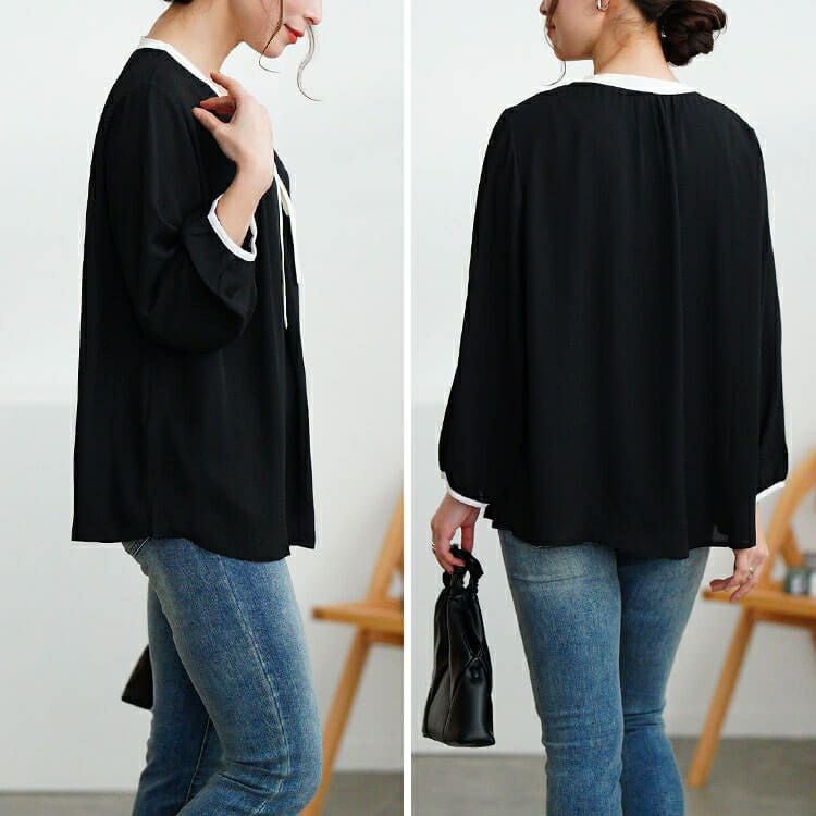 大きいサイズ レディース バイカラーボウタイブラウス　mncut-154005 【メール便可】