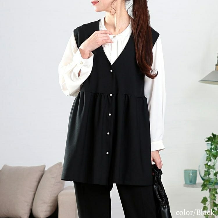 大きいサイズ レディース パールボタンペプラムベスト　mncut-152015