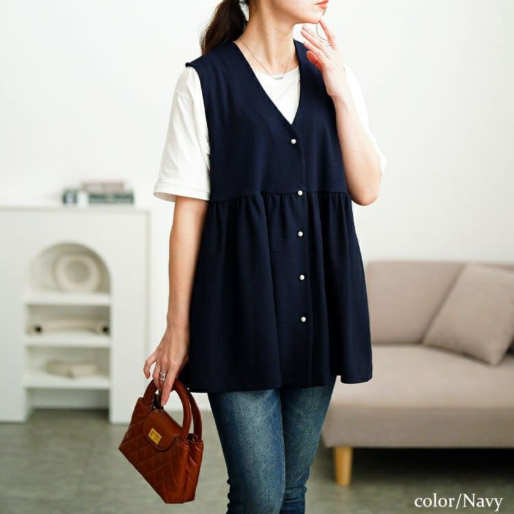 大きいサイズ レディース パールボタンペプラムベスト　mncut-152015