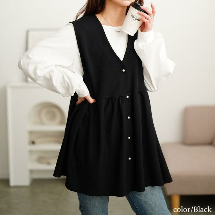 大きいサイズ レディース パールボタンペプラムベスト　mncut-152015 ブラック
