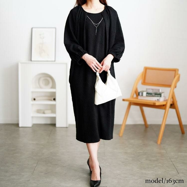 大きいサイズ レディース ネックレスチャーム付きラグランワンピース　mncut-152012 ブラック