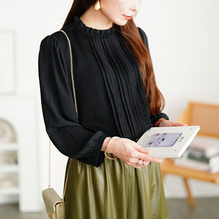 大きいサイズ レディース レース＆ピンタックフリルネックブラウス　mncut-152004 【メール便可】