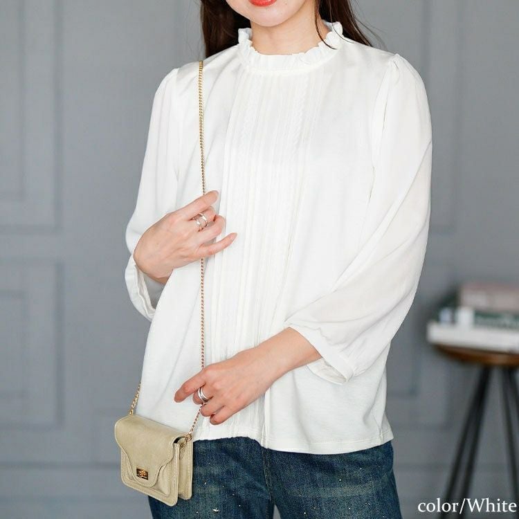 大きいサイズ レディース レース＆ピンタックフリルネックブラウス　mncut-152004 【メール便可】