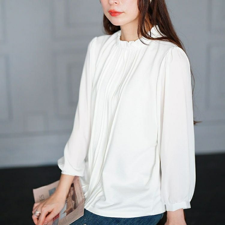 大きいサイズ レディース レース＆ピンタックフリルネックブラウス　mncut-152004 【メール便可】