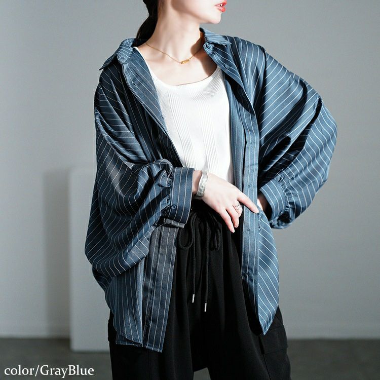 大きいサイズ レディース ピンストライプドルマンシャツ　sw-0678