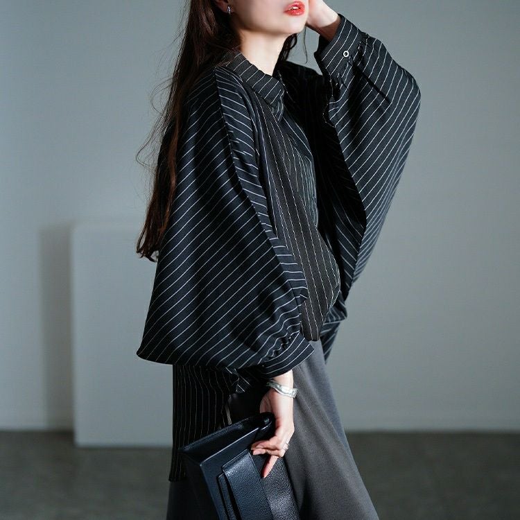 大きいサイズ レディース ピンストライプドルマンシャツ　sw-0678