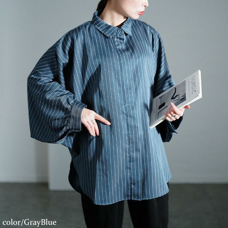 大きいサイズ レディース ピンストライプドルマンシャツ　sw-0678 グレーブルー