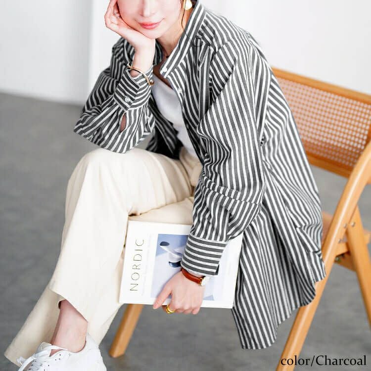大きいサイズ レディース ストライプランタンスリーブタックシャツ　cpdai-640719