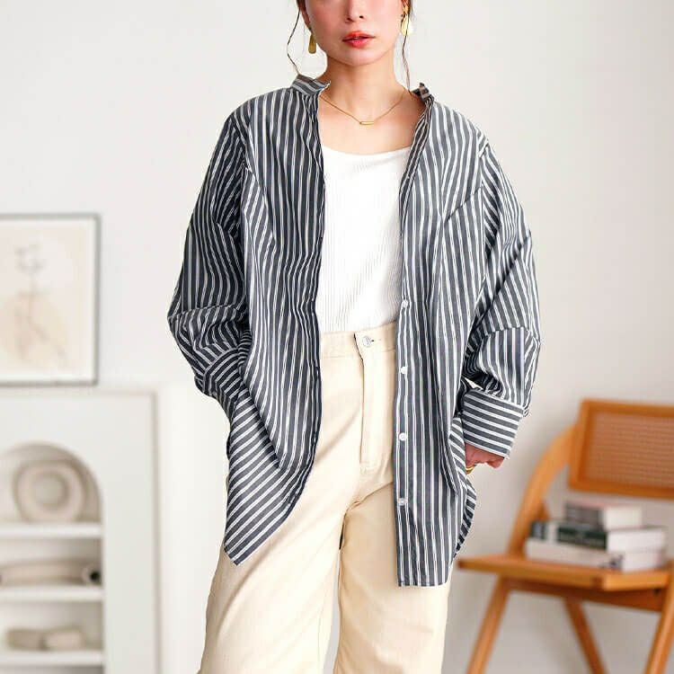 大きいサイズ レディース ストライプランタンスリーブタックシャツ　cpdai-640719