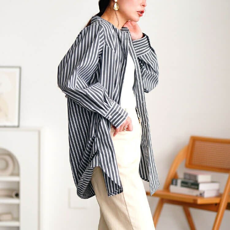 大きいサイズ レディース ストライプランタンスリーブタックシャツ　cpdai-640719