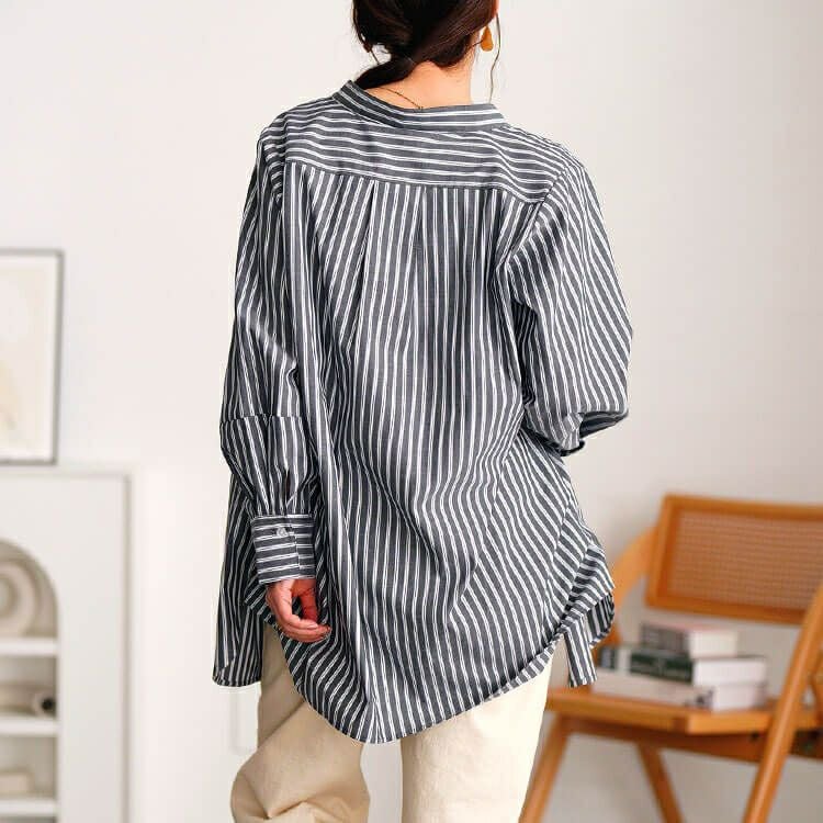 大きいサイズ レディース ストライプランタンスリーブタックシャツ　cpdai-640719